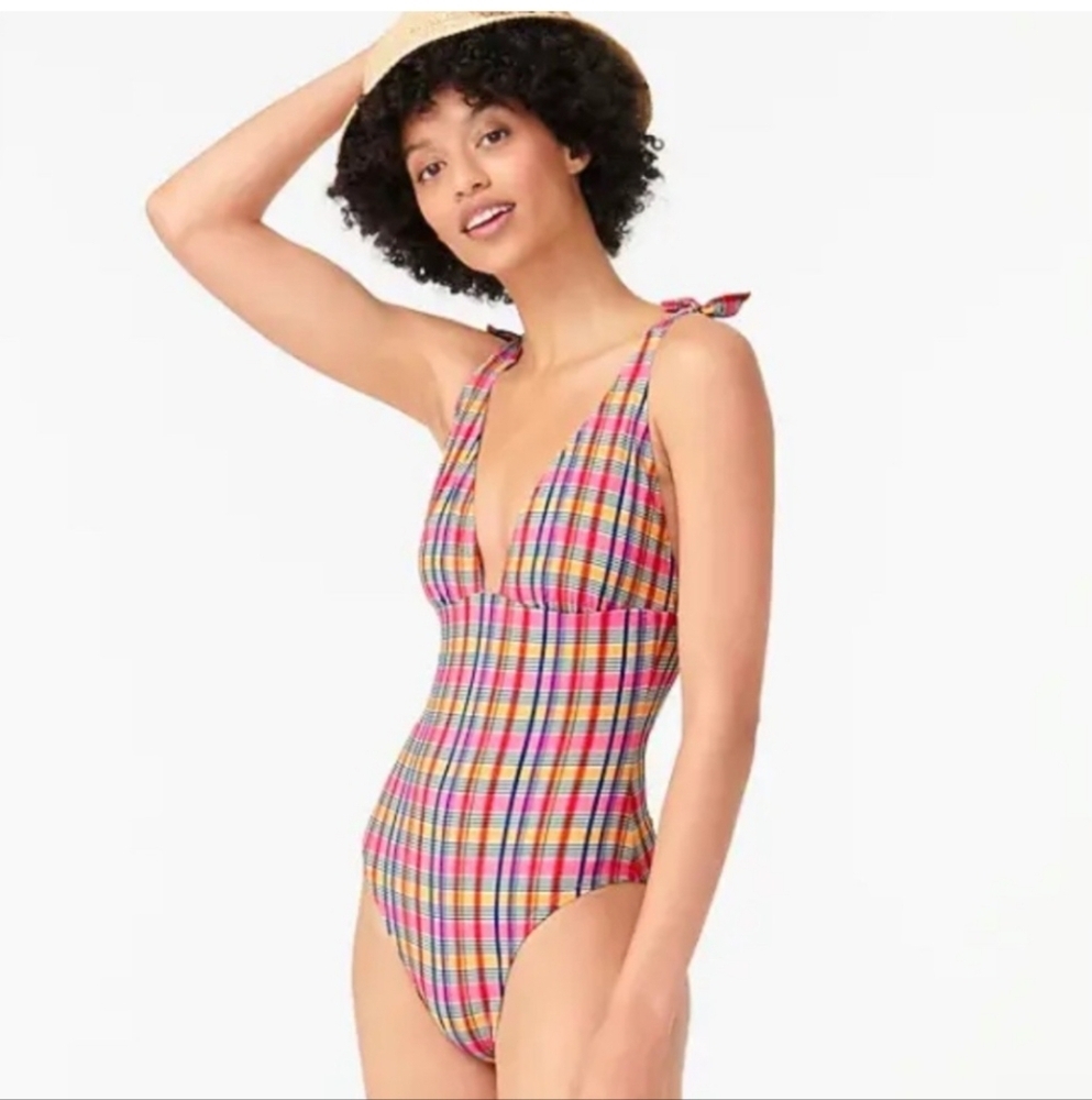 J. Crew Colorful Plaid Madras One-Piece Swimsuit sz 6 NWT